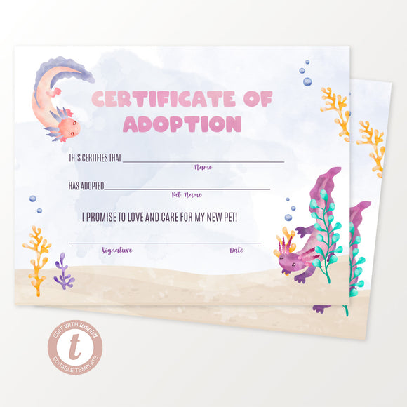 Axolotl Fun Adoption Certificate