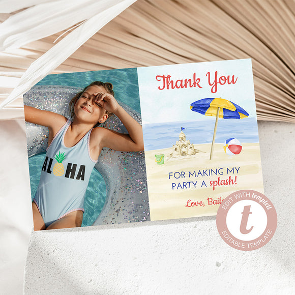 Beach Party Birthday Thank You Card - EDIT YOURSELF