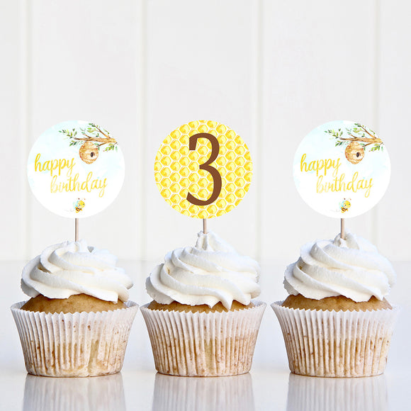 Honey Bee Birthday Cupcake Toppers