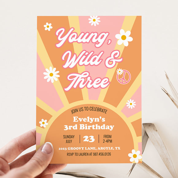 Young, Wild & Three Birthday Party Invitation