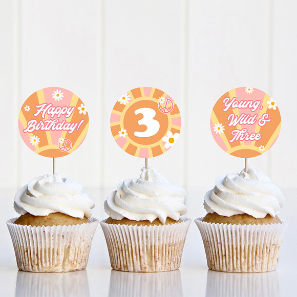 Young, Wild & Three Birthday Cupcake Toppers