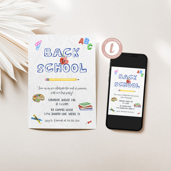 Back to School Party Invitation - EDIT YOURSELF
