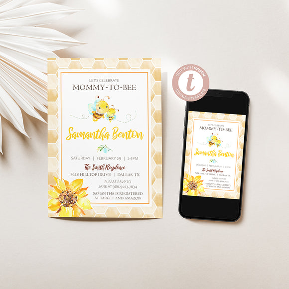 Mommy to Bee Baby Shower Invitation - EDIT YOURSELF