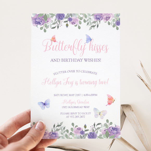 Butterfly Kisses Birthday Party Invitation
