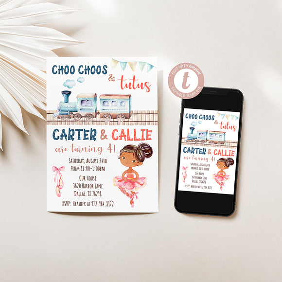 Choo Choos and Tutus Birthday Invitation - Dark Brunette