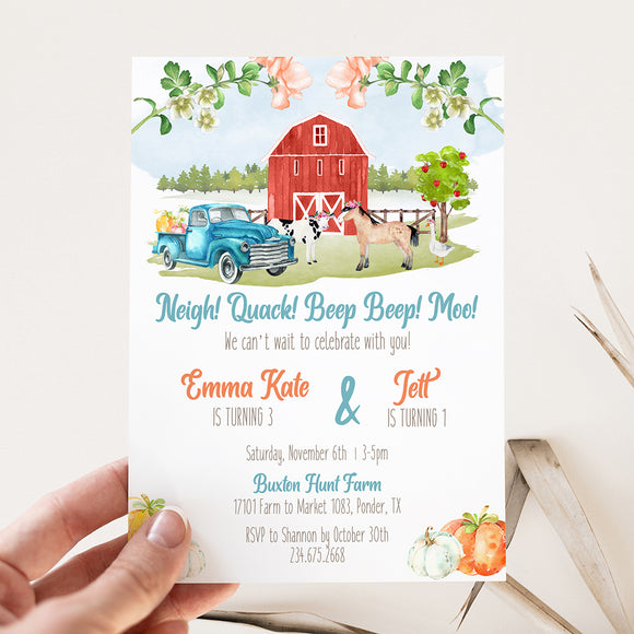 Blue Truck Farm Animal Birthday Party Invitation