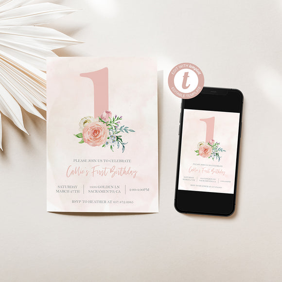 Floral First Birthday Invitation - EDIT YOURSELF