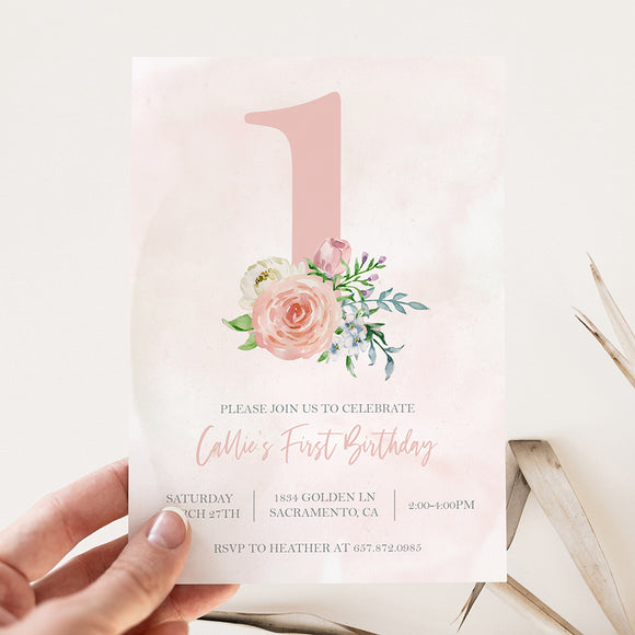 Floral First Birthday Party Invitation