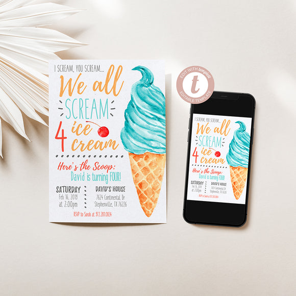 Scream 4 Ice Cream Birthday Invitation - Boy