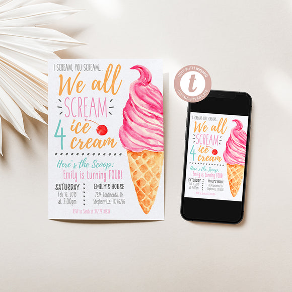 Scream 4 Ice Cream Birthday Invitation - Girl