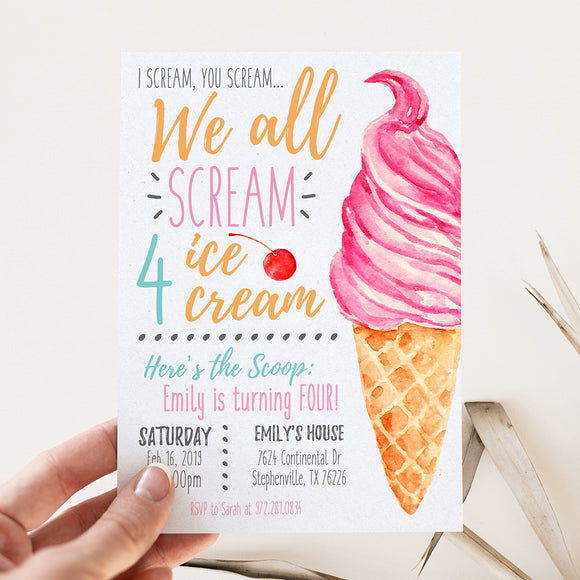 Scream FOUR Ice Cream Birthday Party Invitation - Girl