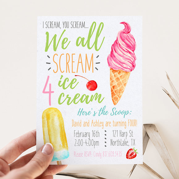 Scream FOUR Ice Cream Sibling Birthday Party Invitation