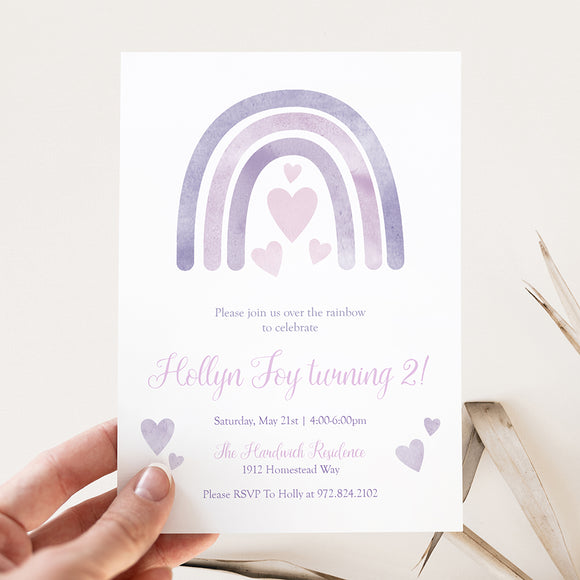 Purple Watercolor Rainbow Birthday Party Invitation