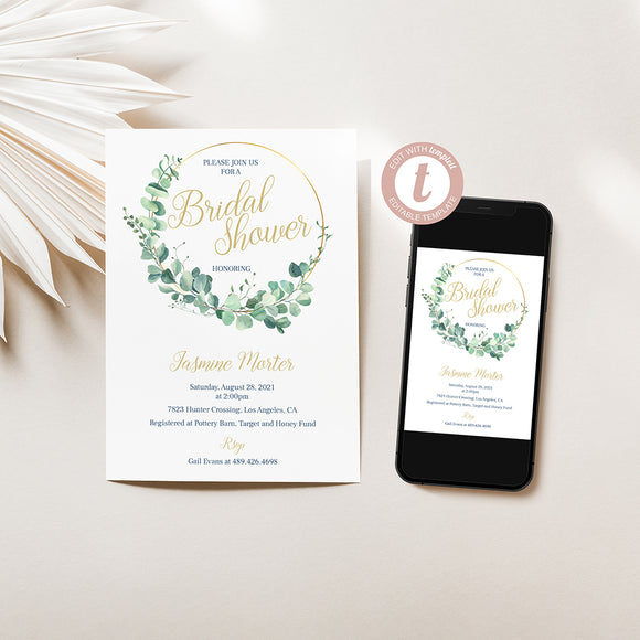 Eucalyptus Gold Wreath Bridal Shower Invitation - EDIT YOURSELF