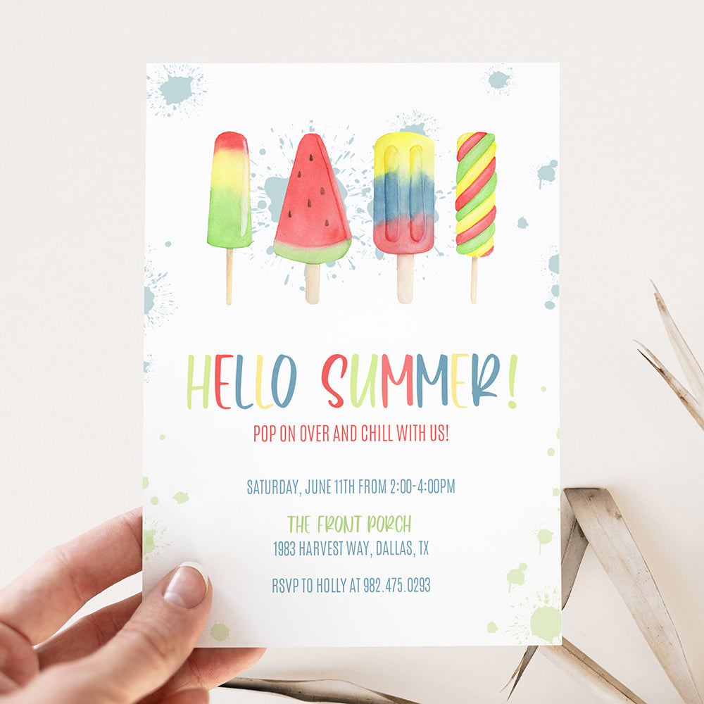 Hello Summer Popsicle Block Party Invitation, image size:1000x1000